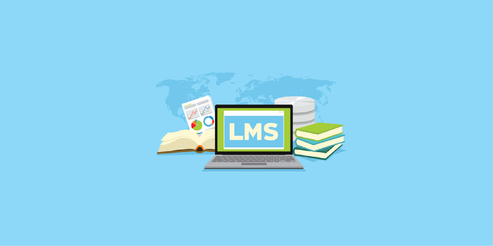 Illustration eines Laptops mit der Aufschrift „LMS“, umgeben von Büchern, Diagrammen und einer Datenbank